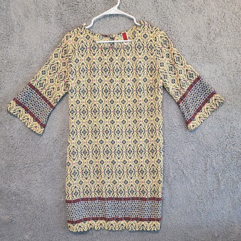 GiBiu Mini Dress Above Knee Yellow Blue Pink Sz Small Damask Style Pattern